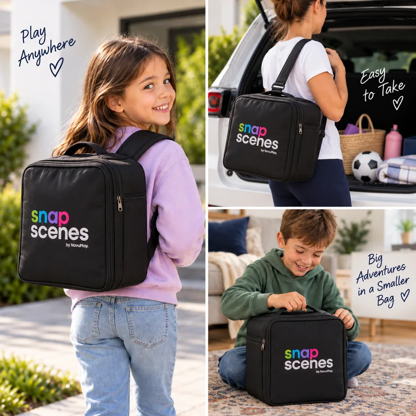 A child taking the packed SnapScenes system with them