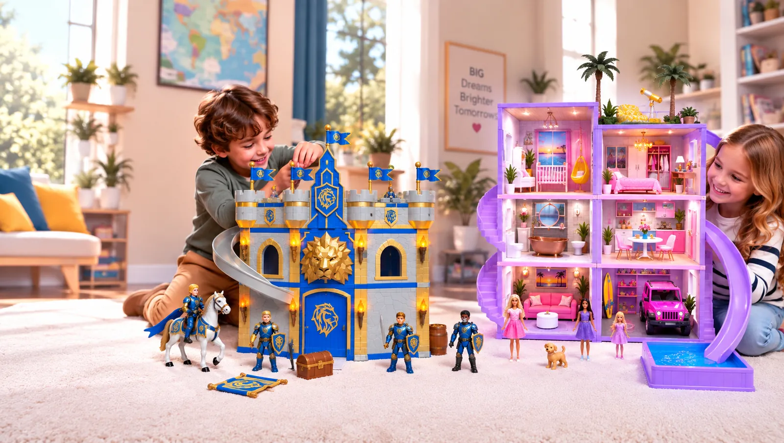 Two children playing in a bright playroom with the SnapScenes Ironhold Castle, knight figures and a modular dollhouse