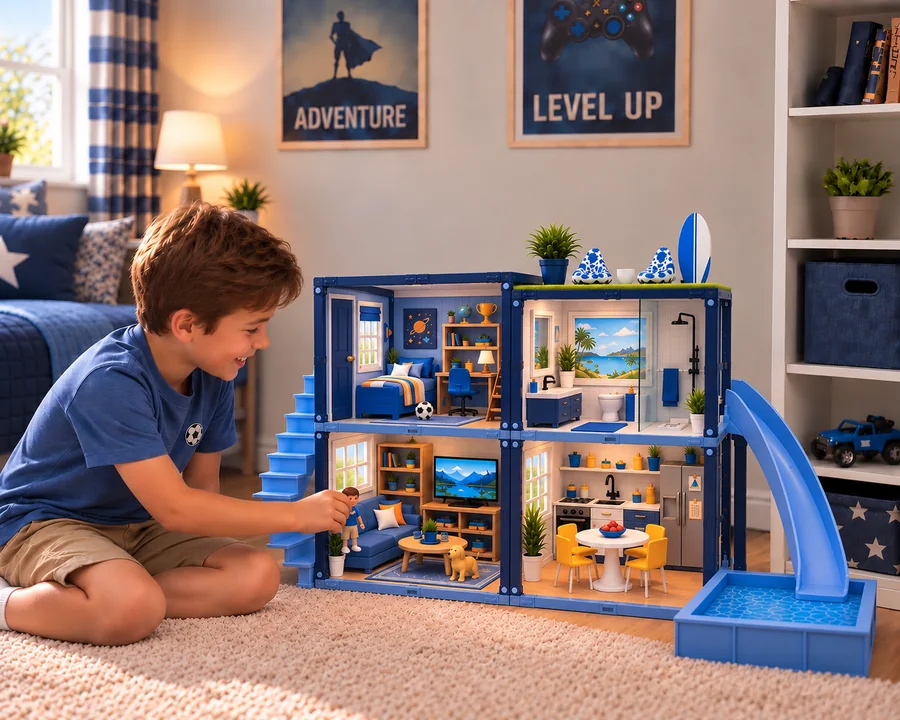Boys playing with a large SnapScenes dollhouse build