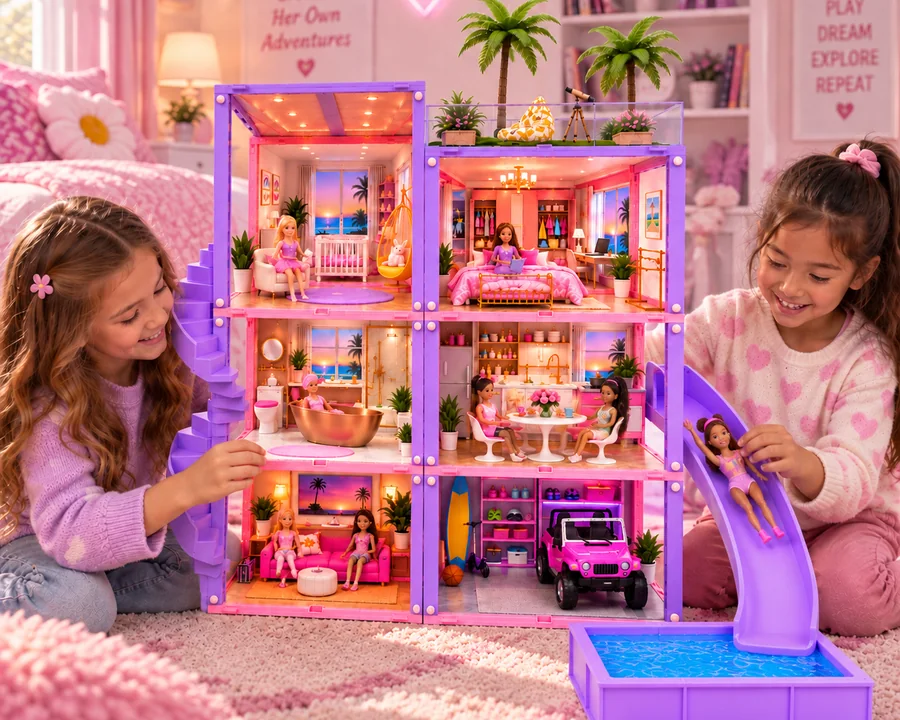 A child playing with a large SnapScenes dollhouse build