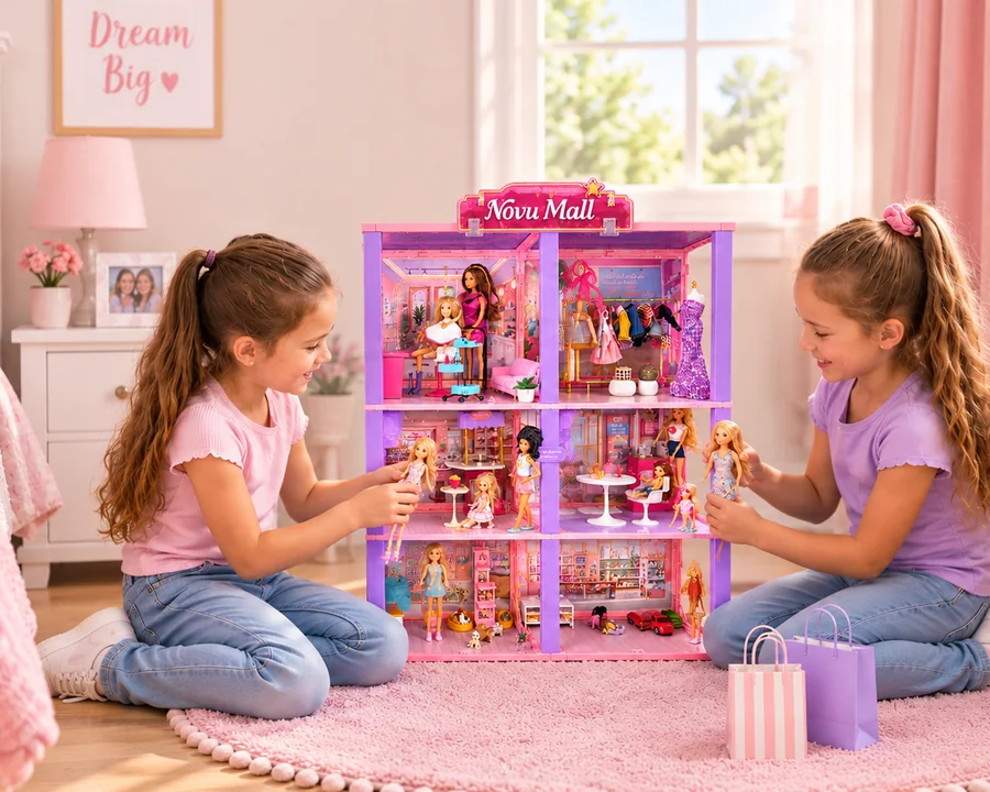 Children playing with a large SnapScenes Novu Mall build