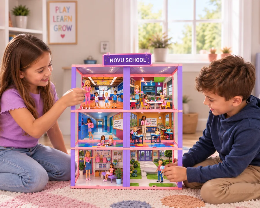 Children playing with a large SnapScenes school build